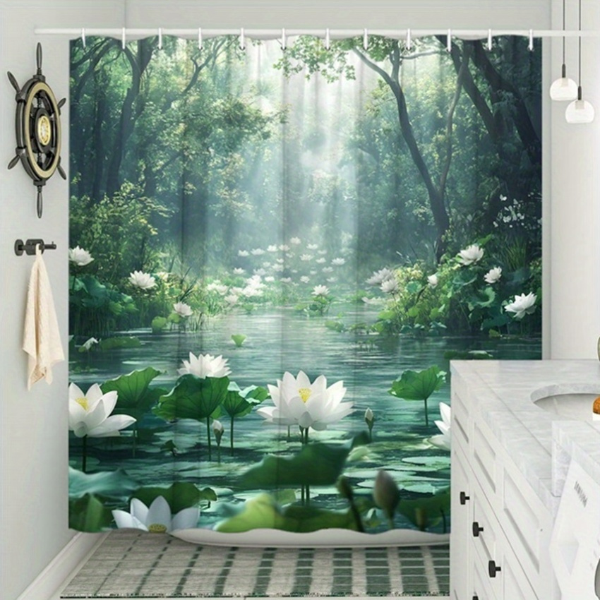 Interior Design Zen Style - Tirai Mandi Hutan Teratai Poliester Bermotif
